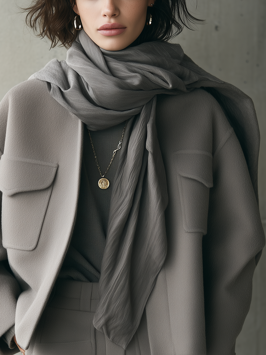 Grey-brown Pocket Short Jacket And Skirt Set
