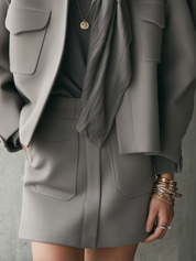 Grey-brown Pocket Short Jacket And Skirt Set