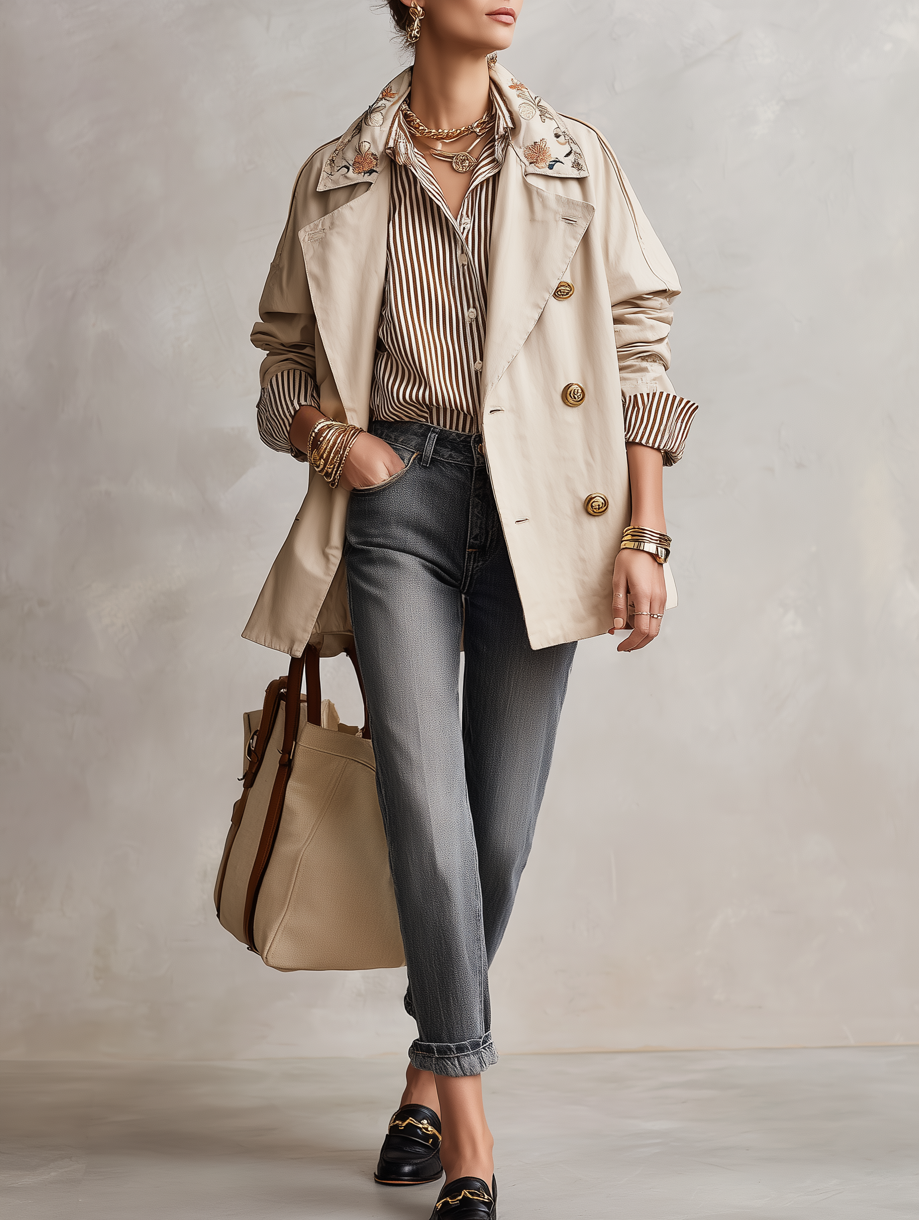 French Utility Cotton Twill Relaxed-Fit Sand Beige Embroidered Collar Jacket