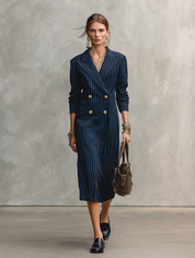 Quiet Suiting Fabric Slim-Fit Midnight Navy Gold Pinstripe Midi Dress