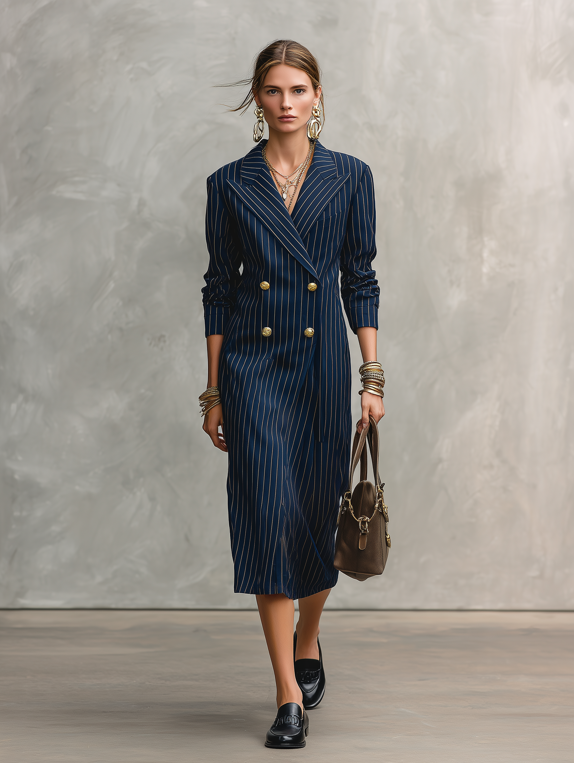 Quiet Suiting Fabric Slim-Fit Midnight Navy Gold Pinstripe Midi Dress