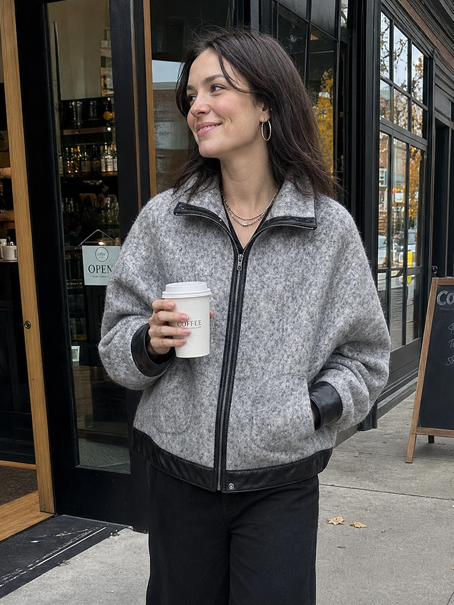 Edgy Heather Grey Faux Leather Trim Zip Jacket