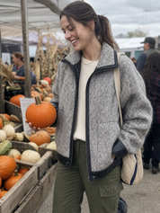 Edgy Heather Grey Faux Leather Trim Zip Jacket