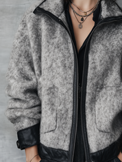 Edgy Heather Grey Faux Leather Trim Zip Jacket