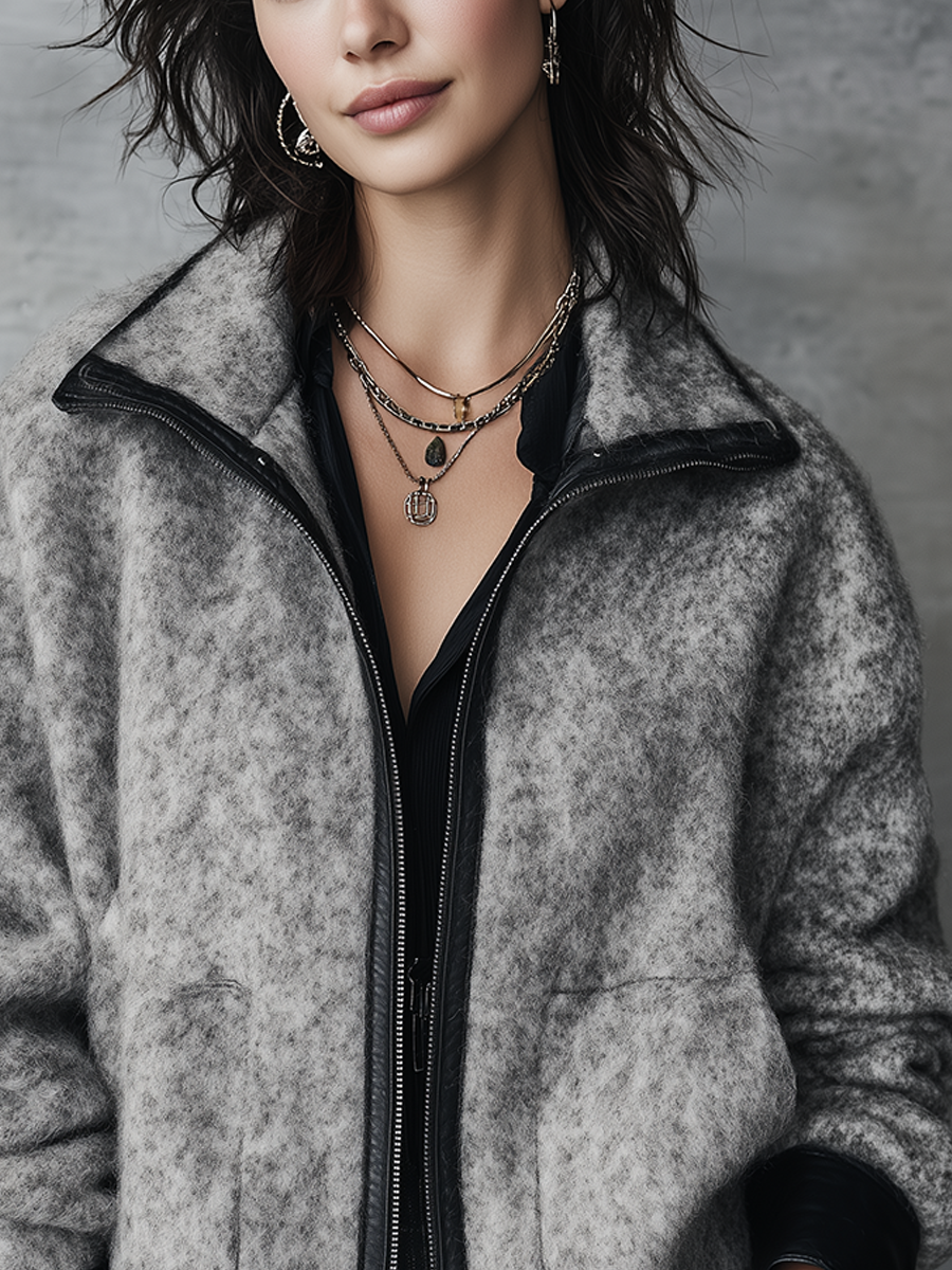 Edgy Heather Grey Faux Leather Trim Zip Jacket
