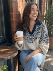 Ivory Blue Jacquard Knit Polo Collar Sweater