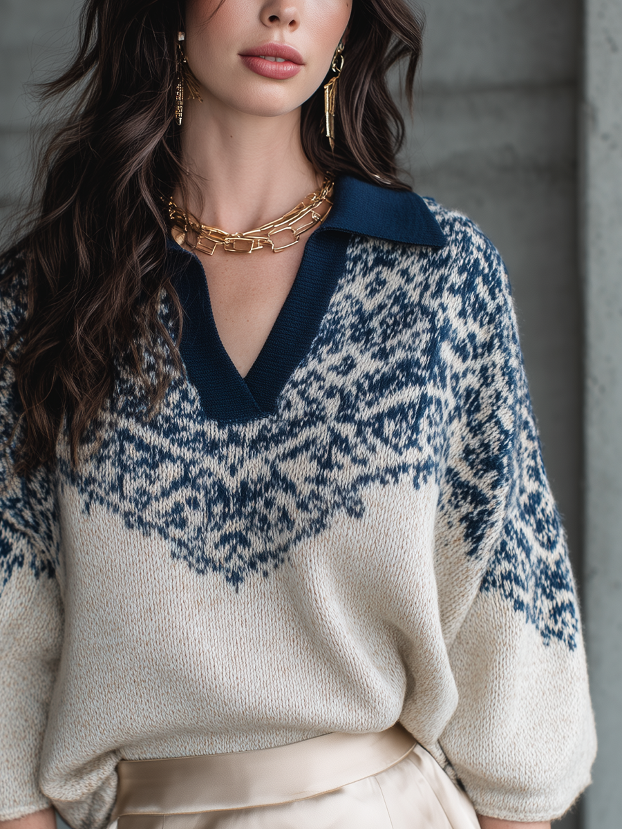 Ivory Blue Jacquard Knit Polo Collar Sweater