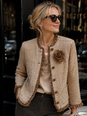 Camel Tweed Ruffle Trim Rose Detail Cropped Jacket