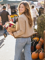 Camel Tweed Ruffle Trim Rose Detail Cropped Jacket