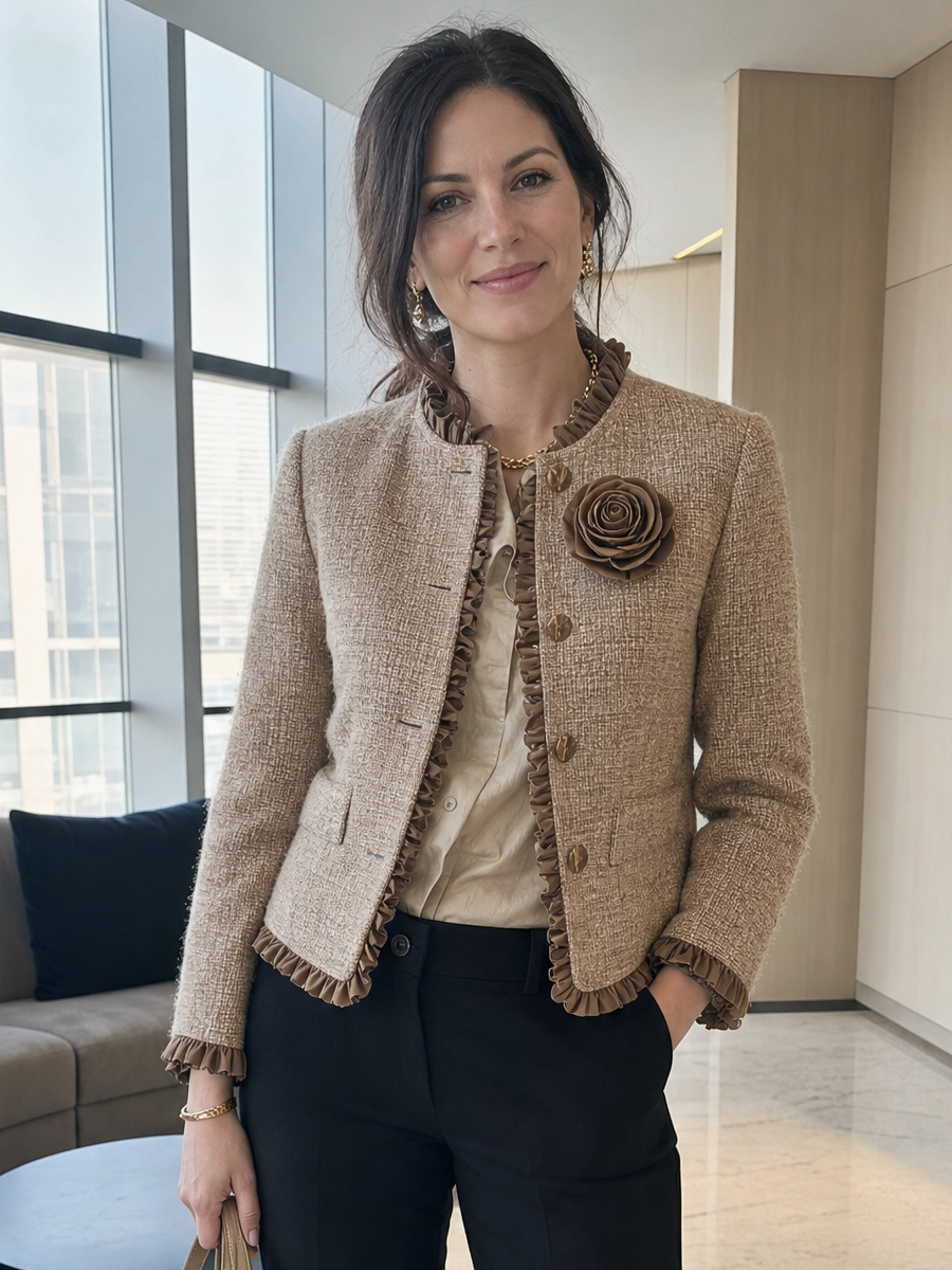 Camel Tweed Ruffle Trim Rose Detail Cropped Jacket