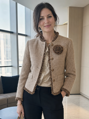 Camel Tweed Ruffle Trim Rose Detail Cropped Jacket