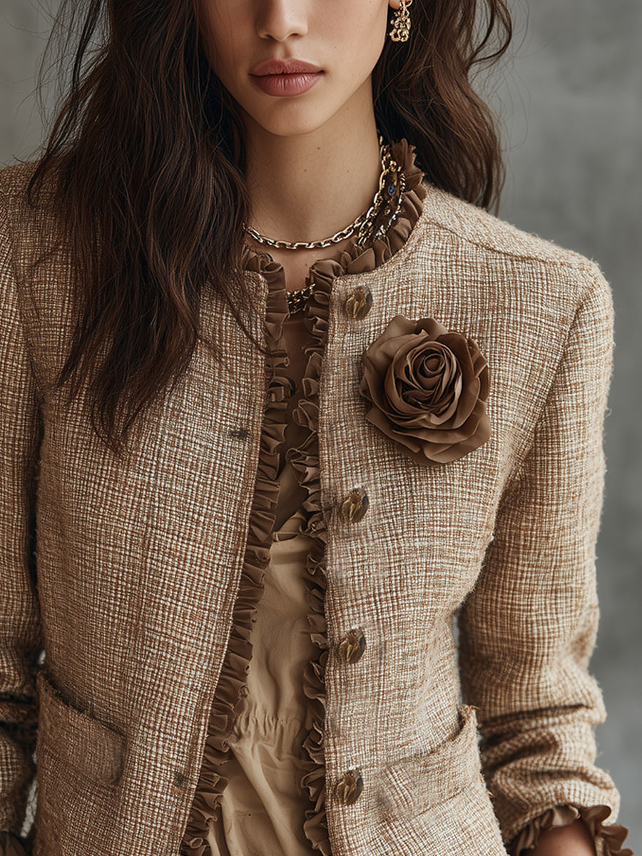 Camel Tweed Ruffle Trim Rose Detail Cropped Jacket