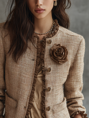 Camel Tweed Ruffle Trim Rose Detail Cropped Jacket