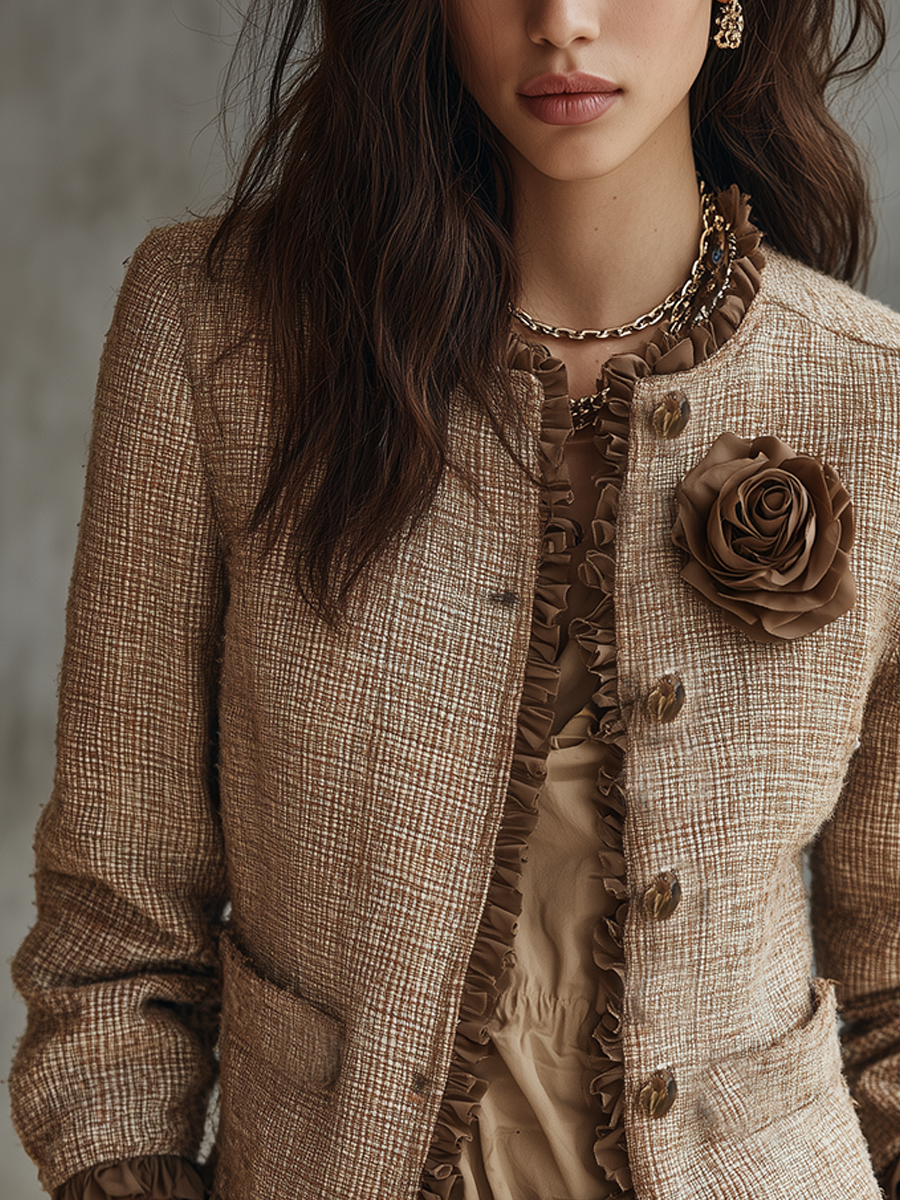 Camel Tweed Ruffle Trim Rose Detail Cropped Jacket