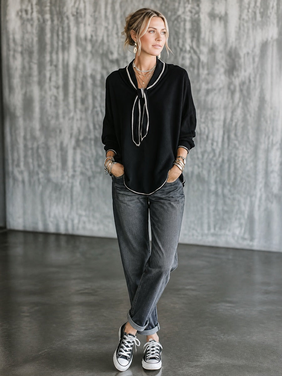 Women's Contrast Trim Tie-Neck Long Sleeve Top