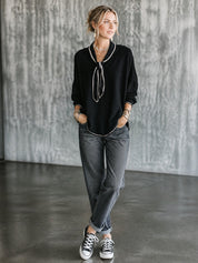 Women's Contrast Trim Tie-Neck Long Sleeve Top