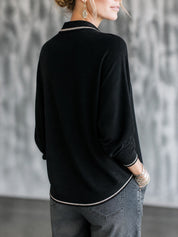 Women's Contrast Trim Tie-Neck Long Sleeve Top