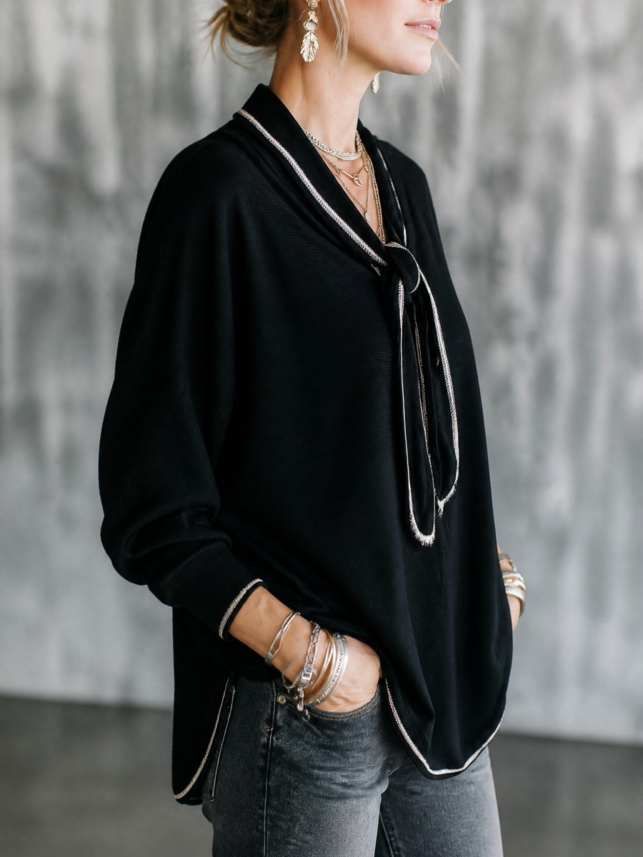 Women's Contrast Trim Tie-Neck Long Sleeve Top
