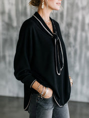 Women's Contrast Trim Tie-Neck Long Sleeve Top