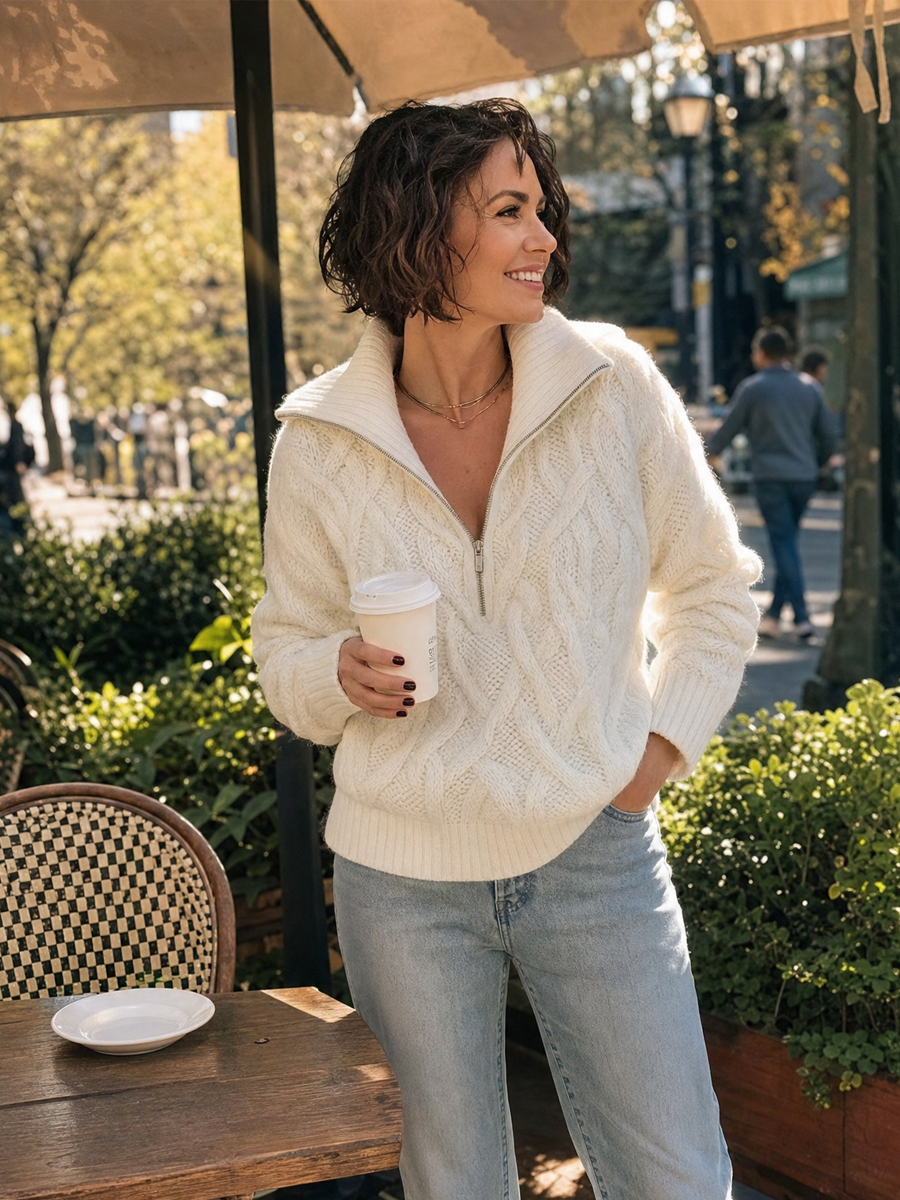 Ivory Cable Knit Zip-up Collar Sweater