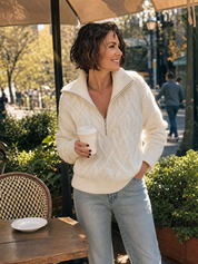 Ivory Cable Knit Zip-up Collar Sweater