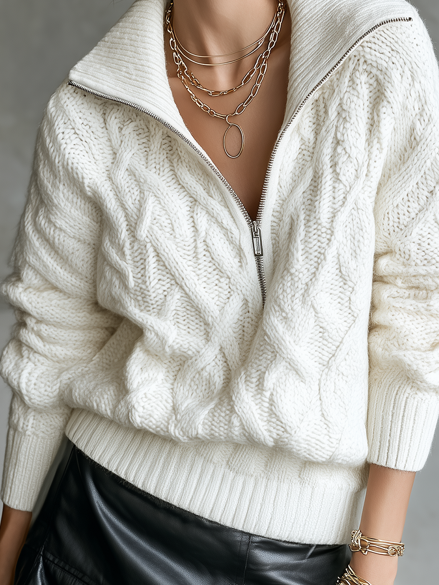 Ivory Cable Knit Zip-up Collar Sweater