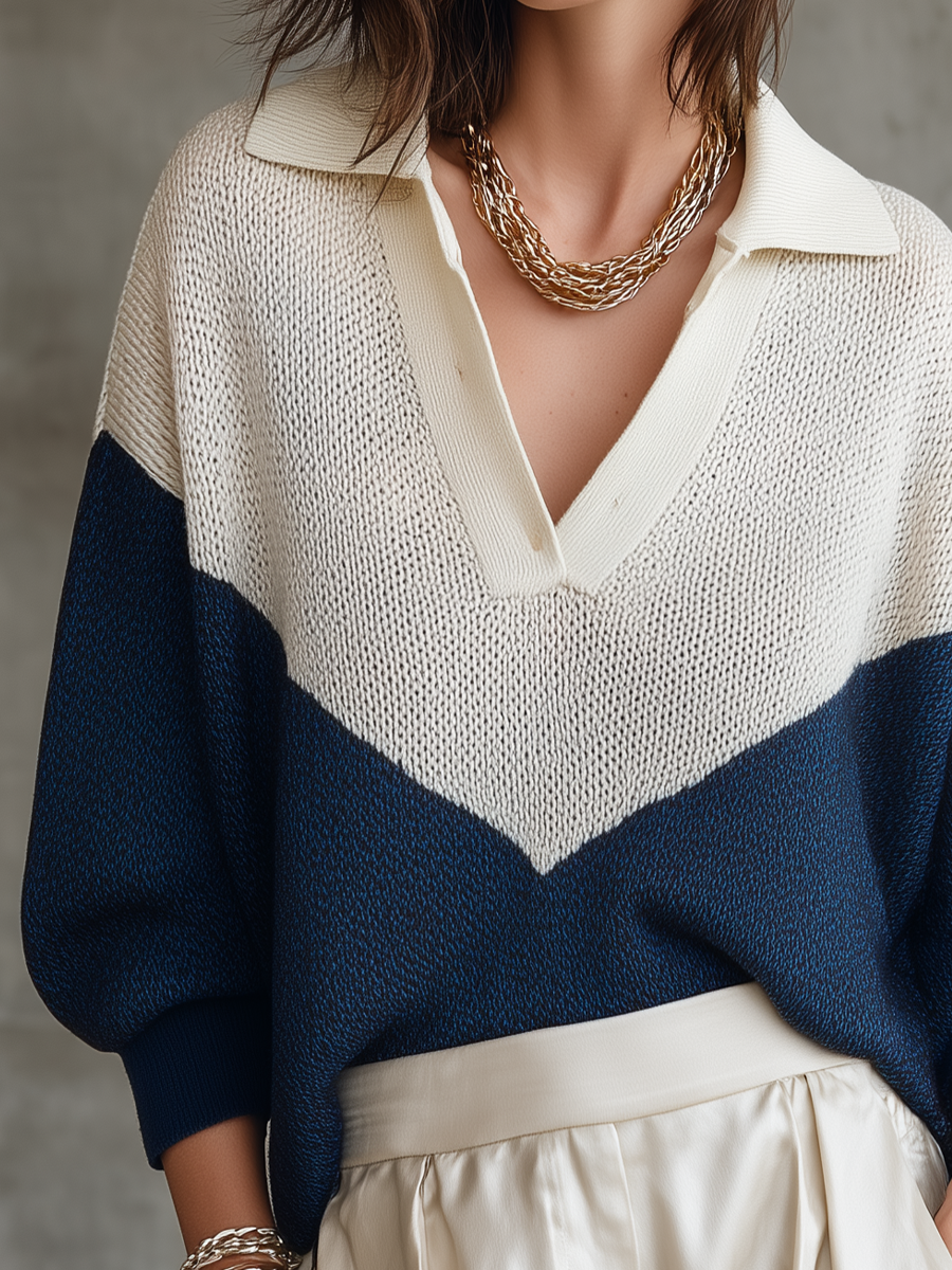 Modern Ivory Navy Color Block Knit Polo Collar Sweater