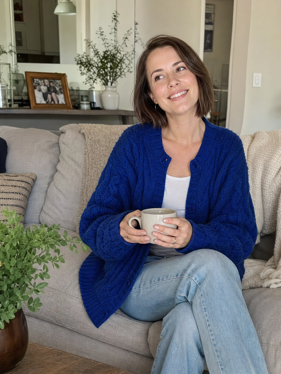 Cobalt Blue Cable Knit Button Front Cardigan
