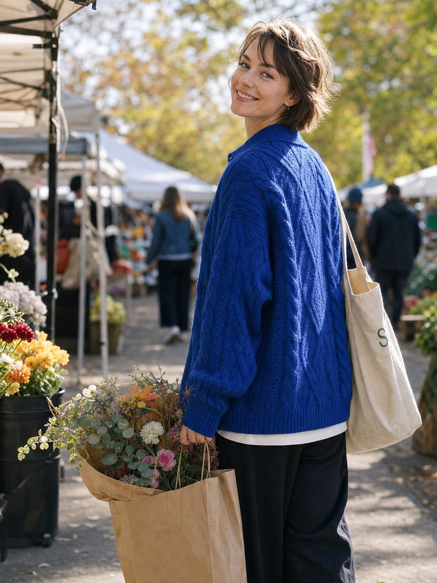 Cobalt Blue Cable Knit Button Front Cardigan