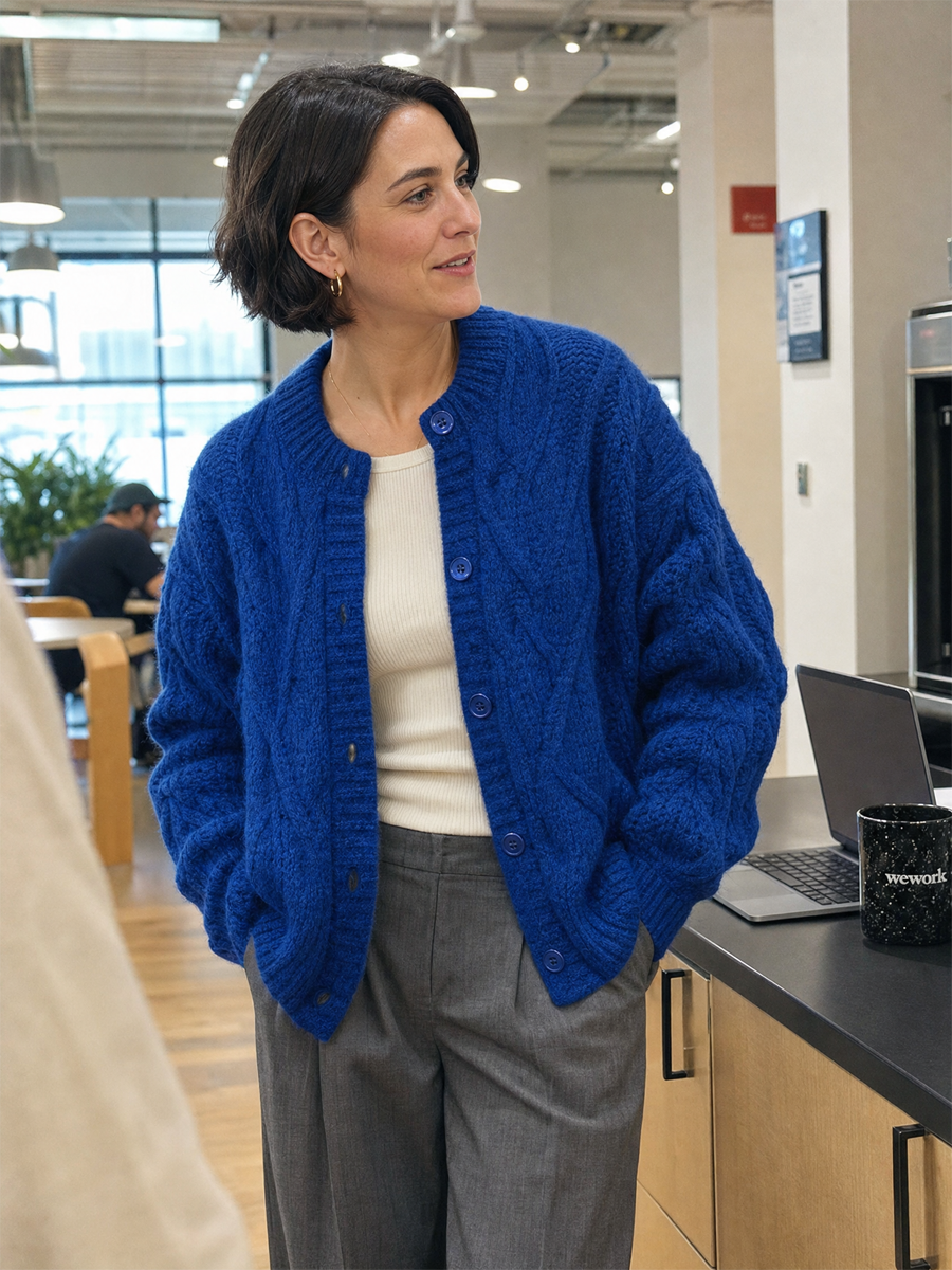 Cobalt Blue Cable Knit Button Front Cardigan