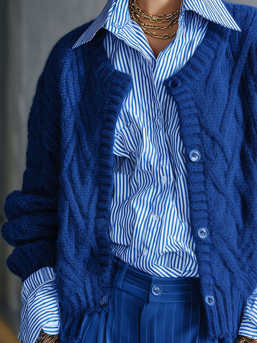 Cobalt Blue Cable Knit Button Front Cardigan