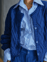 Cobalt Blue Cable Knit Button Front Cardigan