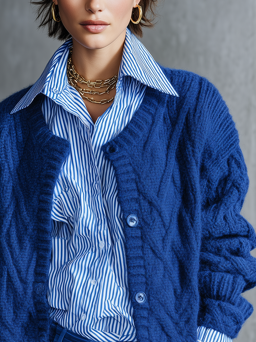 Cobalt Blue Cable Knit Button Front Cardigan
