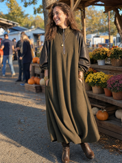 Olive Green Patchwork PU Sleeve Half-zip Dress