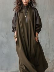 Olive Green Patchwork PU Sleeve Half-zip Dress