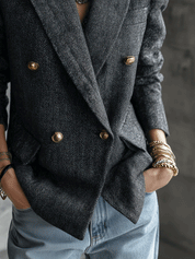 Quiet Luxury Herringbone Blend Tailored-Fit Charcoal Gray Double-Breasted Blazer