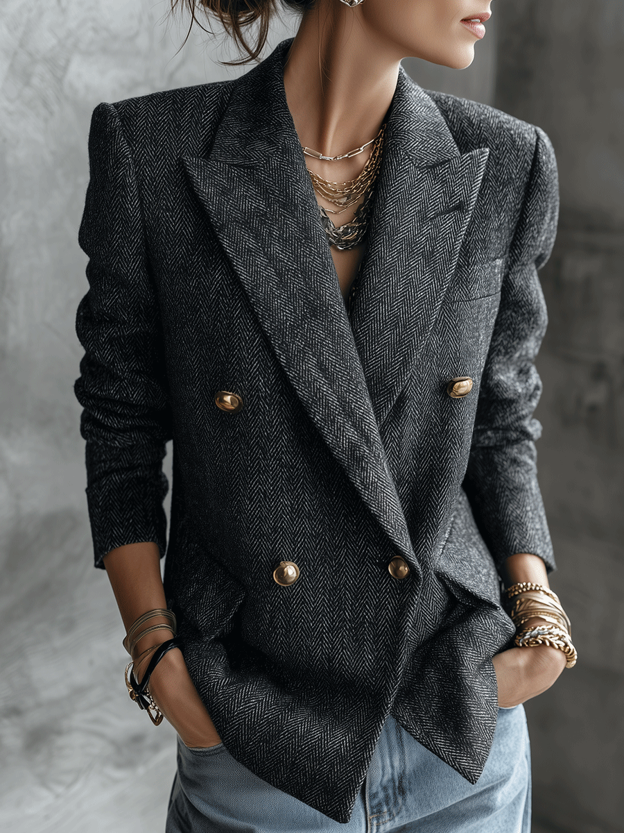 Quiet Luxury Herringbone Blend Tailored-Fit Charcoal Gray Double-Breasted Blazer