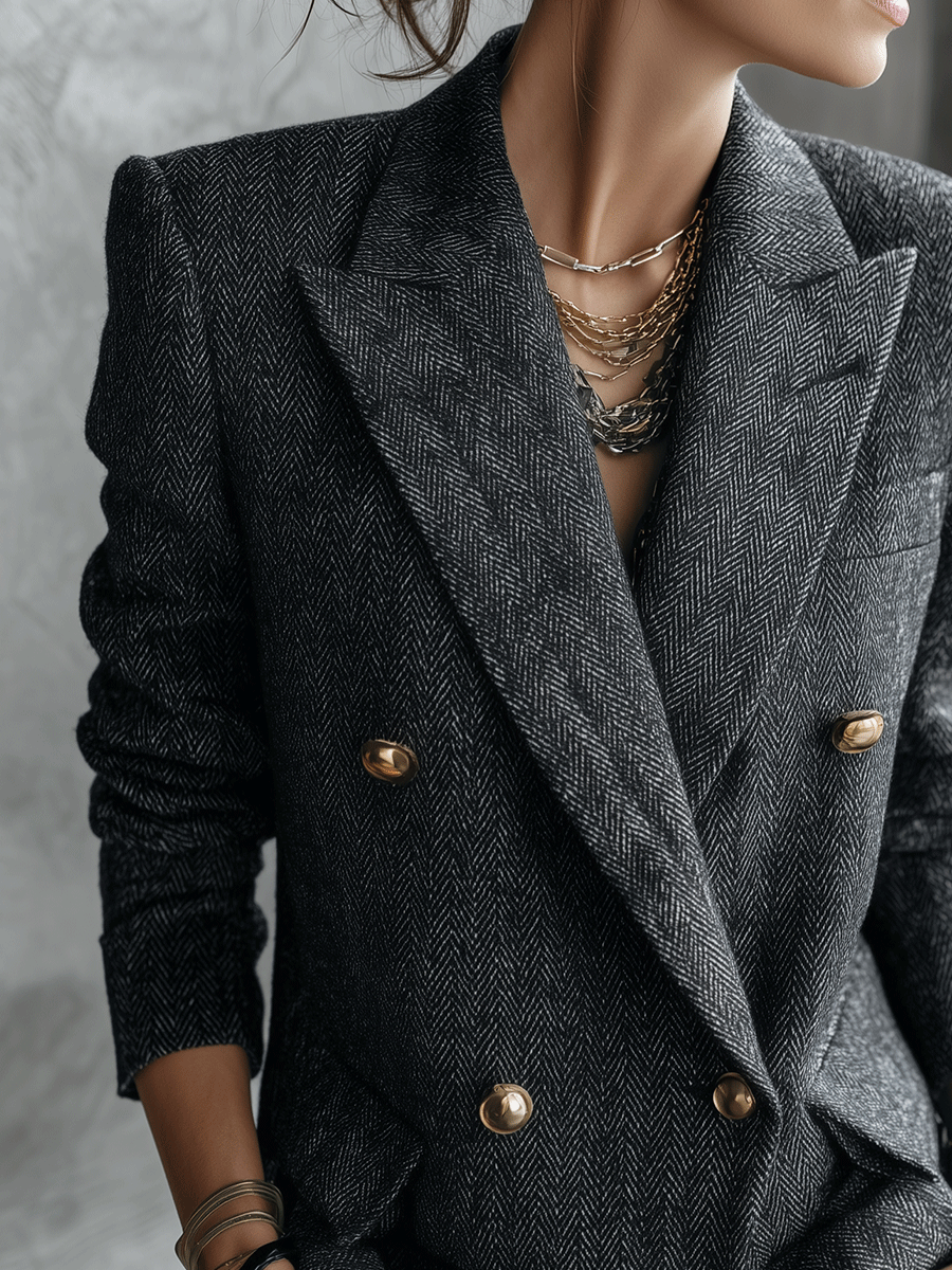 Quiet Luxury Herringbone Blend Tailored-Fit Charcoal Gray Double-Breasted Blazer