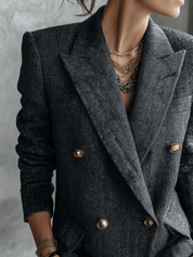 Quiet Luxury Herringbone Blend Tailored-Fit Charcoal Gray Double-Breasted Blazer