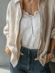 Textured Cable Knit Zip-Up Relaxed Fit Jacket
