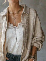 Textured Cable Knit Zip-Up Relaxed Fit Jacket
