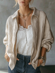 Textured Cable Knit Zip-Up Relaxed Fit Jacket