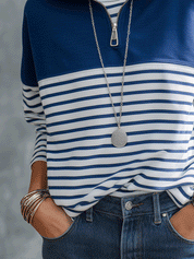 Women's Navy Blue Striped Quarter-Zip Pullover Sweatshirt