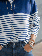 Women's Navy Blue Striped Quarter-Zip Pullover Sweatshirt