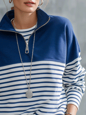 Women's Navy Blue Striped Quarter-Zip Pullover Sweatshirt