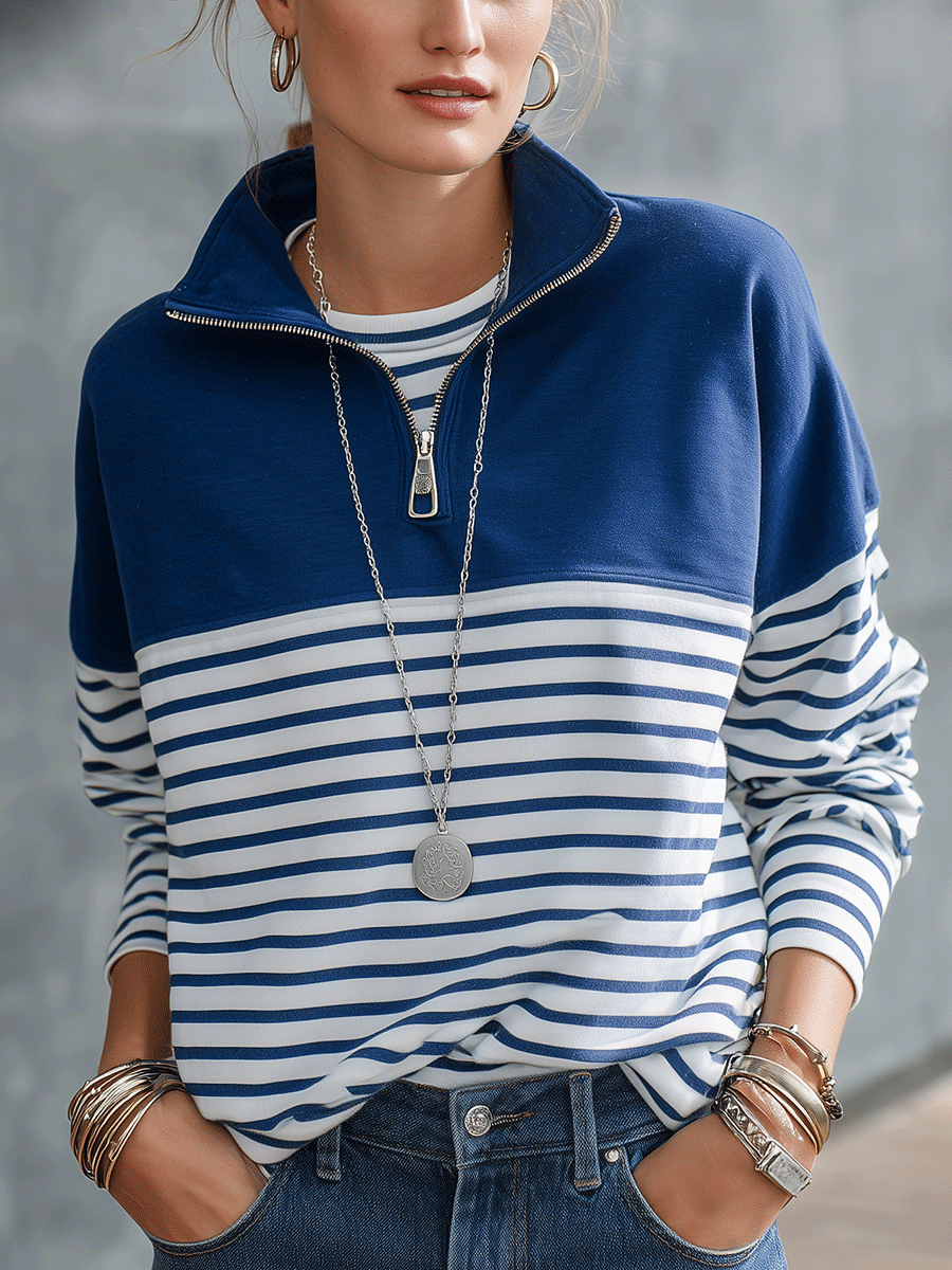 Women's Navy Blue Striped Quarter-Zip Pullover Sweatshirt