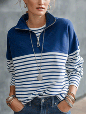 Women's Navy Blue Striped Quarter-Zip Pullover Sweatshirt