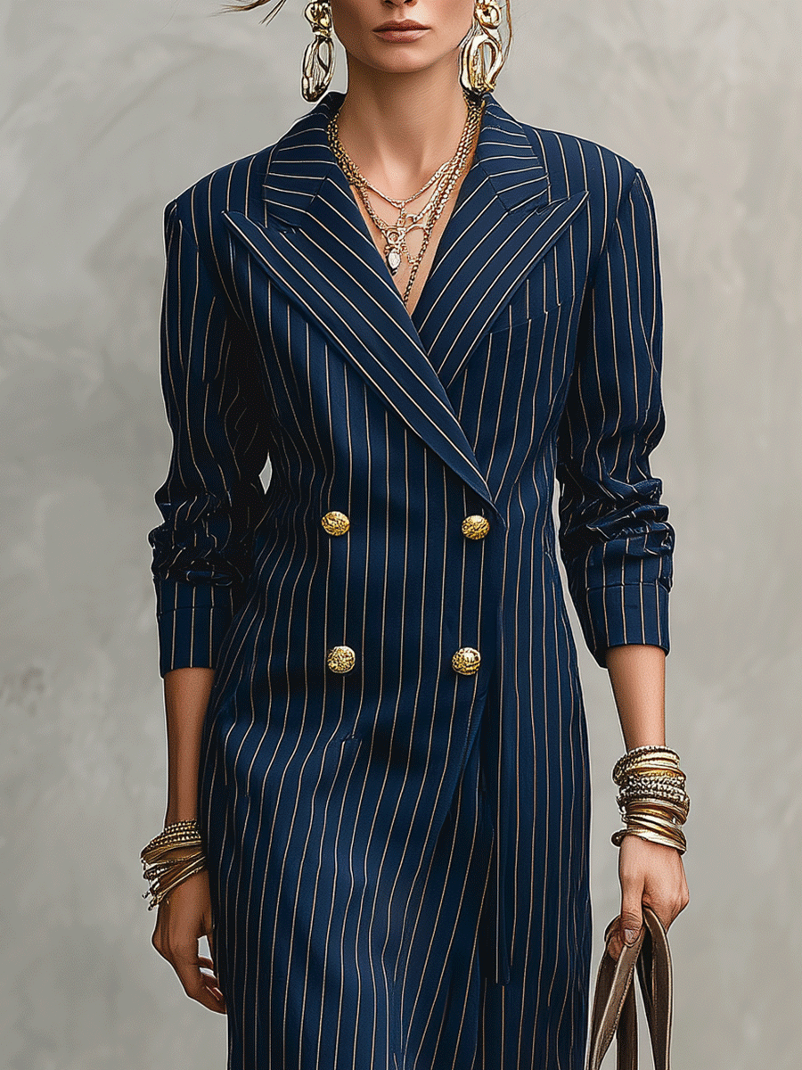Quiet Suiting Fabric Slim-Fit Midnight Navy Gold Pinstripe Midi Dress