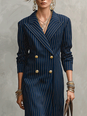 Quiet Suiting Fabric Slim-Fit Midnight Navy Gold Pinstripe Midi Dress