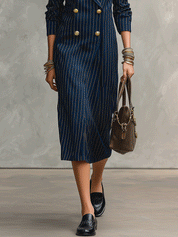 Quiet Suiting Fabric Slim-Fit Midnight Navy Gold Pinstripe Midi Dress